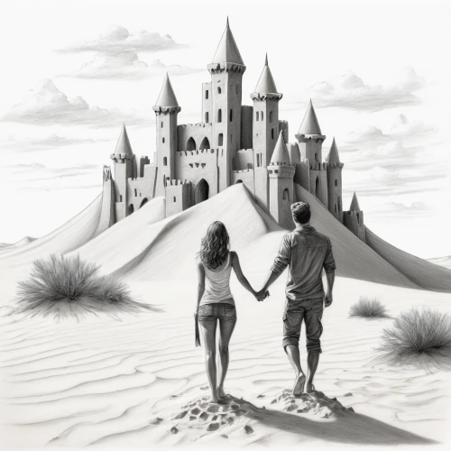 castles,sand castle,sandcastle,building sand castles,sci fiction illustration,sand sculptures,hogwarts,book illustration,fairy tale,fantasy picture,fairy tales,a fairy tale,fairytale,fairytales,footprints in the sand,castel,coloring page,sand road,vintage couple silhouette,fairy tale castle,Illustration,Black and White,Black and White 30