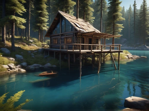 house with lake,house by the water,the cabin in the mountains,boathouse,summer cottage,floating huts,small cabin,fisherman's house,log cabin,house in the forest,boat house,log home,wooden house,wooden hut,cottage,wooden pier,fisherman's hut,summer house,house in the mountains,boat shed,Illustration,Abstract Fantasy,Abstract Fantasy 18