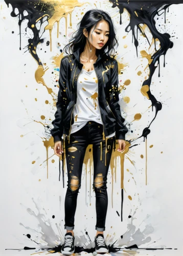 gold paint stroke,fashion vector,graffiti splatter,asian woman,graffiti art,mary-gold,gold paint strokes,splatter,street artist,fashion illustration,girl in t-shirt,splattered,painting technique,paint splatter,art painting,black and gold,gold foil art,world digital painting,janome chow,yellow background,Conceptual Art,Graffiti Art,Graffiti Art 08