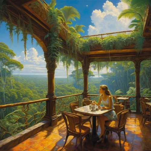 breakfast room,breakfast table,tearoom,breakfast hotel,woman at cafe,fantasy picture,dining room,romantic scene,dining,afternoon tea,tropical house,dining table,watercolor cafe,the coffee shop,café,robert duncanson,cafe,idyll,high tea,idyllic,Illustration,Realistic Fantasy,Realistic Fantasy 03
