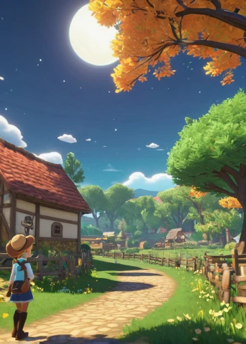 autumn idyll,knight village,aurora village,one autumn afternoon,autumn scenery,oktoberfest background,studio ghibli,clover meadow,autumn background,autumn theme,fall landscape,fable,harvest festival,autumn day,autumn sky,autumn landscape,wooden path,wander,home landscape,collected game assets,Illustration,Black and White,Black and White 08