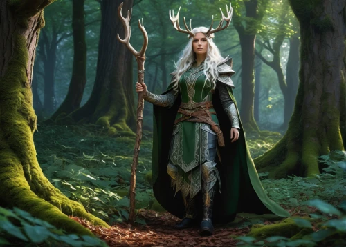 elven forest,druid,elven,dryad,wood elf,male elf,the enchantress,druid grove,druids,celtic queen,fantasy picture,heroic fantasy,forest dragon,elves,fantasy portrait,forest animal,fantasy art,dark elf,horn of amaltheia,sorceress,Illustration,American Style,American Style 03