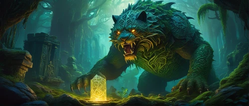 druid grove,forest dragon,patrol,druid,druid stone,aaa,green dragon,game illustration,forest king lion,undergrowth,fantasy picture,northrend,leopard's bane,fantasy art,haunted forest,forest animal,druids,orc,forest background,devilwood,Illustration,Realistic Fantasy,Realistic Fantasy 32