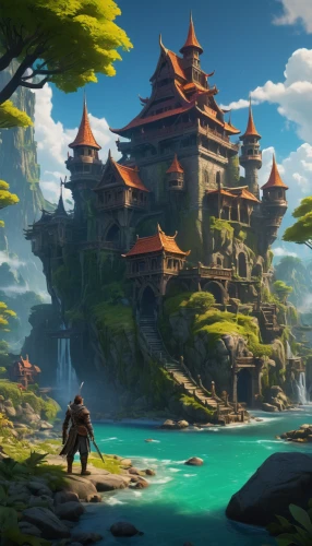 fantasy landscape,water castle,ancient city,3d fantasy,fantasy picture,fantasy art,fantasy world,concept art,world digital painting,mountain settlement,development concept,knight's castle,fantasy city,knight village,monkey island,meteora,castel,water palace,game art,castle iron market,Illustration,Japanese style,Japanese Style 16