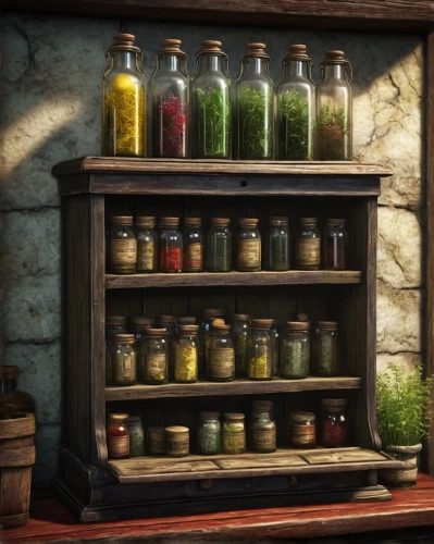 apothecary,potions,cosmetics counter,culinary herbs,medicinal herbs,spice rack,greengrocer,cosmetics,jars,herbs and spices,kitchen cart,village shop,herbal medicine,soap shop,collected game assets,pantry,medicinal materials,preserved food,general store,candlemaker,Photography,Documentary Photography,Documentary Photography 26