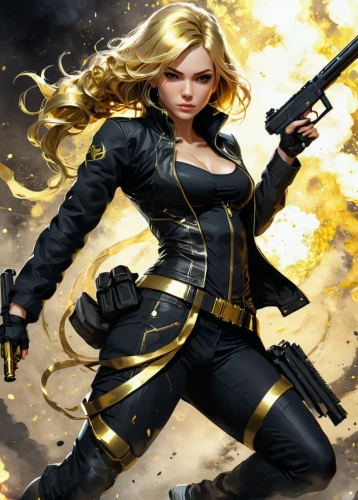 black widow,girl with gun,girl with a gun,yang,katniss,woman holding gun,femme fatale,woman fire fighter,massively multiplayer online role-playing game,sprint woman,action-adventure game,kryptarum-the bumble bee,game illustration,sci fiction illustration,swordswoman,mobile video game vector background,black and gold,canary,bad girl,free fire,Conceptual Art,Fantasy,Fantasy 03