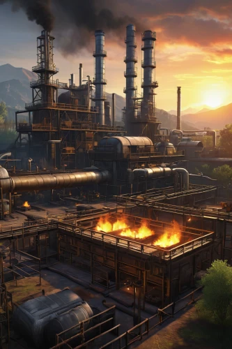 industrial landscape,refinery,steel mill,industries,factories,chemical plant,industrial plant,heavy water factory,petrochemical,industry,petrochemicals,metallurgy,industrial area,oil industry,industrial,industrial ruin,foundry,post-apocalyptic landscape,combined heat and power plant,mining facility,Art,Classical Oil Painting,Classical Oil Painting 34