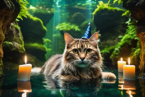 fantasy picture,norwegian forest cat,shamanic,wishing well,shamanism,reiki,cat warrior,offering,magical adventure,cat image,chinese pastoral cat,auspicious,animal photography,maincoon,cat on a blue background,meditate,offerings,divination,meditating,meditation,Photography,Artistic Photography,Artistic Photography 01