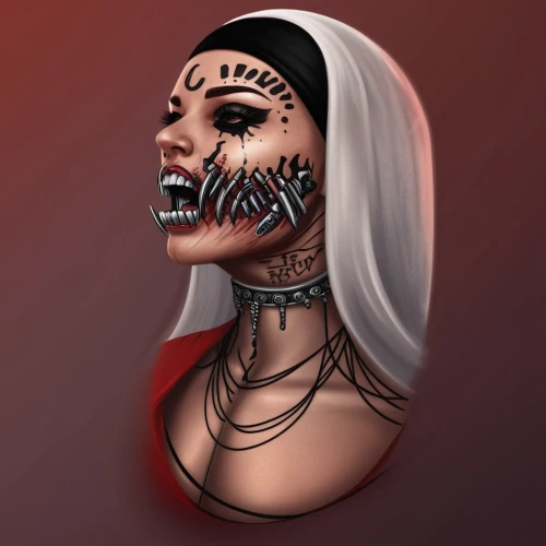 vampire woman,voodoo woman,vampire lady,vampira,la calavera catrina,cyborg,la catrina,dead bride,evil woman,calavera,digital art,blood icon,maori,scary woman,tiktok icon,red throat,cosmetic,masquerade,custom portrait,face paint,Conceptual Art,Sci-Fi,Sci-Fi 09