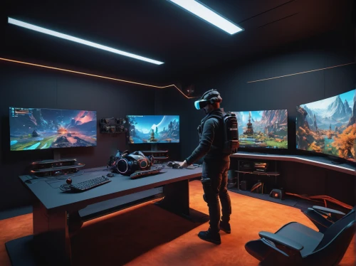 game room,sci fi surgery room,computer room,recreation room,modern room,creative office,modern office,little man cave,playing room,visual effect lighting,screens,gamer zone,virtual reality,working space,vr headset,virtual world,room creator,control center,ufo interior,videogame,Conceptual Art,Oil color,Oil Color 18