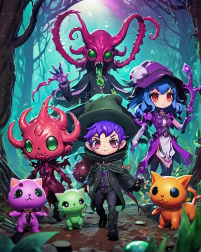 halloween banner,acerola family,halloween background,witch's hat icon,halloween icons,haunebu,game illustration,halloween wallpaper,monsoon banner,halloween illustration,nightshade family,acerola,halloween poster,imp,devilwood,halloween border,celebration of witches,cg artwork,collected game assets,chibi children,Illustration,Realistic Fantasy,Realistic Fantasy 47