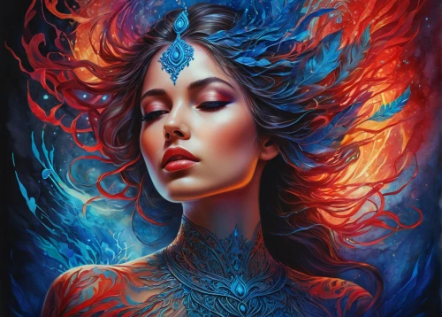 blue enchantress,fantasy art,mystical portrait of a girl,fantasy portrait,shamanic,psychedelic art,boho art,heart chakra,sorceress,fire artist,priestess,shamanism,flame spirit,fantasy woman,fire dancer,the enchantress,bodypainting,root chakra,sacred art,zodiac sign gemini,Photography,General,Fantasy