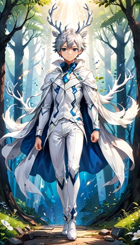 forest king lion,killua hunter x,killua,glowing antlers,forest background,forest man,forest dragon,eternal snow,holy forest,forest animal,manchurian stag,father frost,deer bull,stag,forest clover,ruler,antlers,constellation unicorn,deer illustration,king crown,Anime,Anime,Realistic