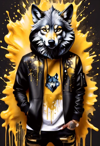 wolf,furta,wolves,raccoon,yellow background,jacket,wolf bob,yellow and black,yellow orange,redfox,furry,jackal,wolf's milk,dogecoin,art background,fur clothing,fox,yellow,wild dog,punk