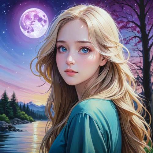 fantasy portrait,fantasy picture,mystical portrait of a girl,world digital painting,the night of kupala,fantasy art,fairy tale character,landscape background,children's fairy tale,moon and star background,children's background,blue moon rose,the blonde in the river,girl on the river,rosa ' amber cover,romantic portrait,romantic look,jessamine,girl with tree,portrait background,Anime,Anime,General