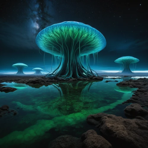 mushroom landscape,tree mushroom,mushroom island,green aurora,alien world,magic tree,alien planet,blue mushroom,auroraboralis,fantasy landscape,fantasy picture,forest mushroom,auroras,green tree,tree of life,isolated tree,club mushroom,ufo,mushroom type,futuristic landscape,Photography,Artistic Photography,Artistic Photography 05