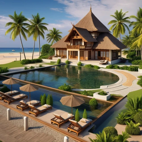 holiday villa,tropical house,beach resort,pool house,tropical island,luxury property,luxury home,dream beach,tropical beach,house by the water,3d rendering,beach house,floating huts,resort,seaside resort,chalet,beautiful home,coconut palms,coconut trees,private house,Photography,General,Realistic