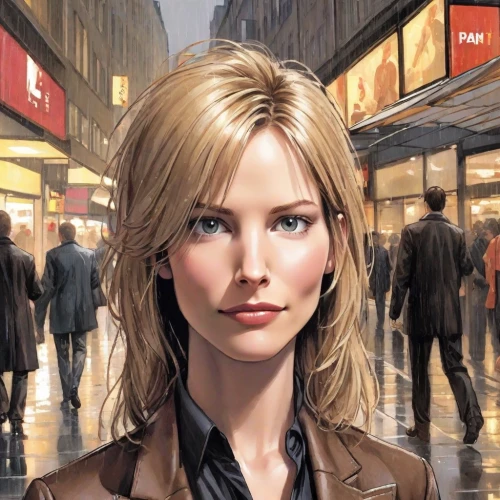 blonde woman,sci fiction illustration,female doctor,blonde girl,the girl at the station,blond girl,city ​​portrait,shopping icon,woman shopping,pedestrian,a pedestrian,agent,mystery book cover,the blonde in the river,head woman,world digital painting,cool blonde,femme fatale,the girl's face,girl in a long,Digital Art,Comic