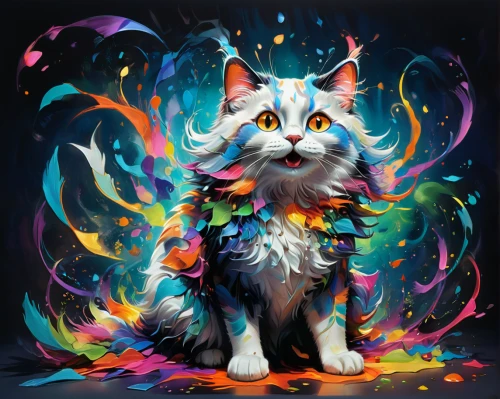 cat vector,flower cat,maincoon,colorful foil background,norwegian forest cat,portrait background,capricorn kitz,domestic long-haired cat,doodle cat,silver tabby,fantasy portrait,calico cat,animal feline,rainbow background,colorful background,feline,halloween cat,pet portrait,nyan,custom portrait,Illustration,Realistic Fantasy,Realistic Fantasy 20