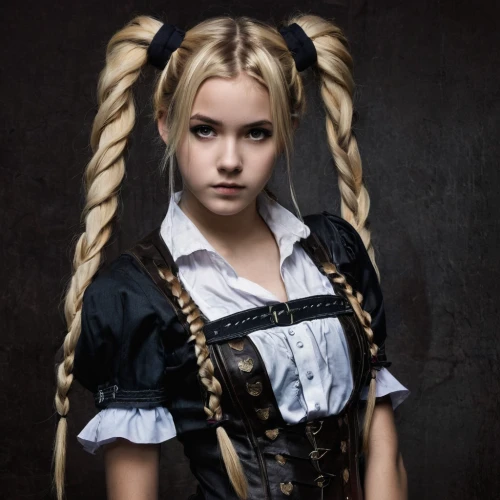 alice,blond girl,folk costume,schoolgirl,gothic portrait,victorian style,gothic fashion,cosplay image,female doll,braids,steampunk,girl in a historic way,maid,pigtail,gothic style,blonde girl,rag doll,anime japanese clothing,bavarian,doll dress,Conceptual Art,Fantasy,Fantasy 34