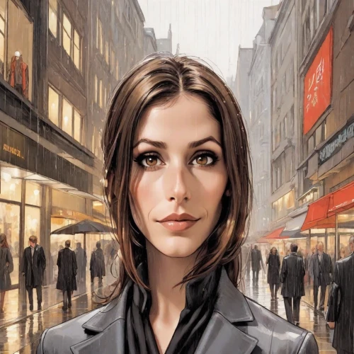 city ​​portrait,a pedestrian,pedestrian,sci fiction illustration,world digital painting,sprint woman,head woman,vesper,the girl at the station,woman shopping,the girl's face,woman walking,businesswoman,agent,woman thinking,girl in a long,female doctor,book cover,portrait background,young woman,Digital Art,Comic