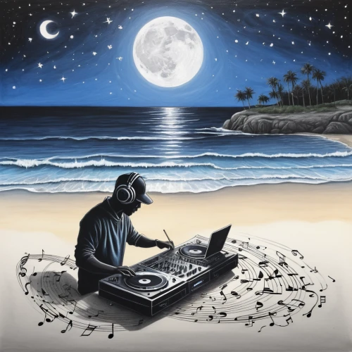disc jockey,dj,disk jockey,music producer,mixing engineer,audio engineer,man with a computer,dj equipament,soundcloud icon,electronic music,dj party,music workstation,deejay,composer,digital creation,blogs music,jeep dj,moon rover,electronic keyboard,synthesizer,Illustration,Realistic Fantasy,Realistic Fantasy 18