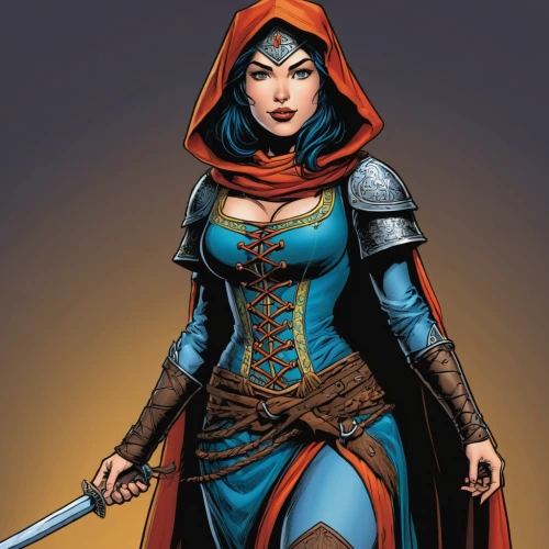 female warrior,huntress,swordswoman,sorceress,red hood,sterntaler,mulan,fantasy woman,blue enchantress,comic character,costume design,heroic fantasy,warrior woman,artemisia,head woman,wonderwoman,jaya,red riding hood,aesulapian staff,awesome arrow,Illustration,American Style,American Style 13