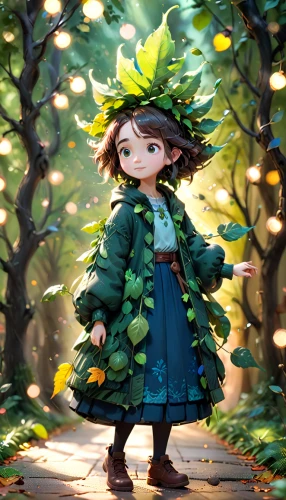 forest clover,girl with tree,marie leaf,throwing leaves,autumn walk,forest walk,little girl in wind,falling on leaves,girl in a wreath,dryad,little girl fairy,child fairy,acorns,autumn theme,forest,autumn forest,fairy forest,garden fairy,chestnut forest,kids illustration,Anime,Anime,Cartoon