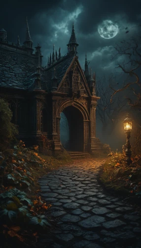 witch's house,halloween scene,halloween background,halloween and horror,dark park,the threshold of the house,haunted castle,fantasy picture,witch house,haunted cathedral,the haunted house,fantasy landscape,dark gothic mood,gothic style,halloween wallpaper,gothic architecture,ghost castle,haunted house,castle of the corvin,gothic,Photography,General,Fantasy