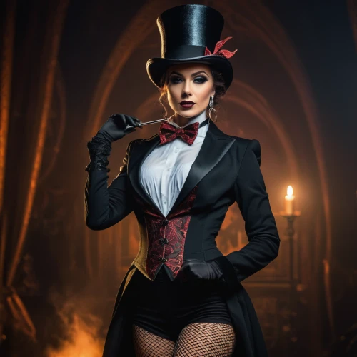 ringmaster,victorian lady,victorian style,gothic fashion,cabaret,neo-burlesque,black hat,burlesque,victorian,vampire woman,top hat,vampire lady,the victorian era,gothic woman,bowler hat,magician,gothic portrait,steampunk,queen of hearts,femme fatale,Photography,General,Fantasy
