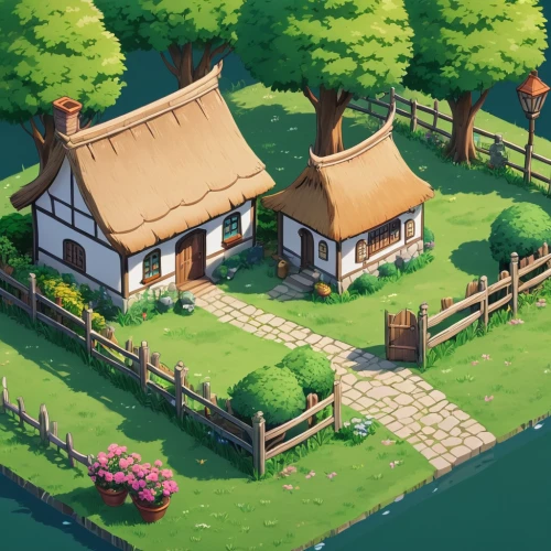 summer cottage,small house,wooden houses,little house,cottage,japanese shrine,grass roof,tavern,wooden mockup,collected game assets,farm yard,small cabin,garden buildings,home landscape,farm set,traditional house,korean folk village,resort town,floating huts,huts,Unique,3D,Isometric