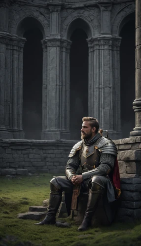king arthur,rome 2,the roman centurion,roman soldier,medieval,digital compositing,gladiator,lone warrior,kneeling,castleguard,guarding,man on a bench,guard,solitude,contemplation,game illustration,confrontation,stone background,colloseum,peter-pavel's fortress,Photography,General,Fantasy