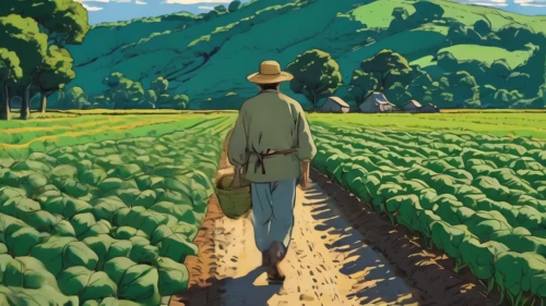 potato field,vegetable field,farmer,agricultural,travel poster,farming,daikon,agriculture,yamada's rice fields,picking vegetables in early spring,farmers,grant wood,agroculture,cultivated field,field cultivation,sweet potato farming,farmworker,studio ghibli,green fields,vegetables landscape,Art,Artistic Painting,Artistic Painting 07