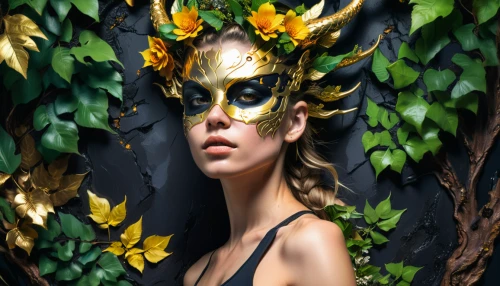 dryad,laurel wreath,golden wreath,faerie,faun,faery,girl in a wreath,masquerade,venetian mask,golden mask,gold mask,fantasy portrait,gold leaf,gold leaves,the enchantress,gold foil mermaid,golden crown,fantasy art,gold foil art,background ivy,Photography,Artistic Photography,Artistic Photography 08