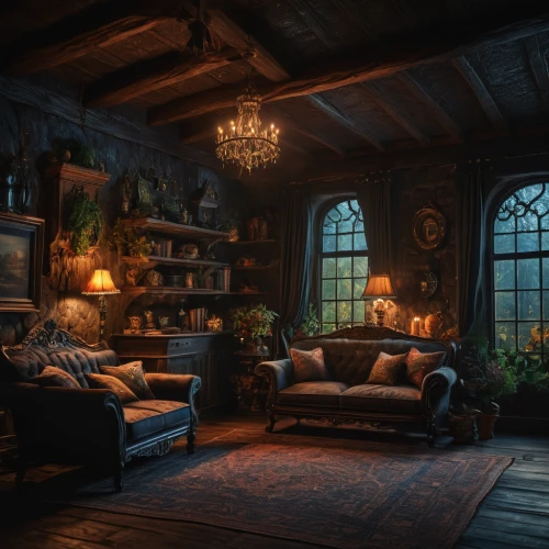 dandelion hall,sitting room,living room,livingroom,country cottage,ornate room,hobbiton,interiors,attic,loft,apothecary,great room,the cabin in the mountains,beautiful home,wooden beams,witch's house,rustic,fireplaces,victorian,wooden windows,Photography,General,Fantasy