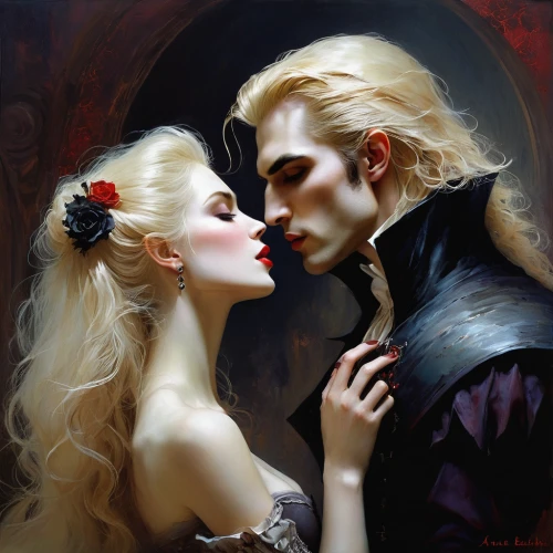 gothic portrait,romantic portrait,amorous,vampires,scent of roses,vampire lady,vampire,a fairy tale,romance novel,young couple,vampire woman,fairy tale,fantasy portrait,fantasy art,dracula,whispering,dance of death,tenderness,lover's grief,psychic vampire,Illustration,Realistic Fantasy,Realistic Fantasy 16