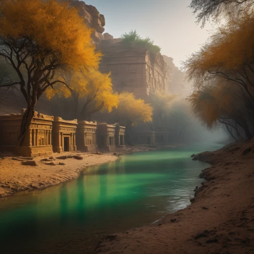 ancient city,fantasy landscape,egyptian temple,desert landscape,the ancient world,guards of the canyon,desert desert landscape,river landscape,the mystical path,turpan,yellow mountains,ancient buildings,fantasy picture,xinjiang,zion,foggy landscape,street canyon,autumn fog,hangman's bridge,moon valley,Photography,General,Fantasy