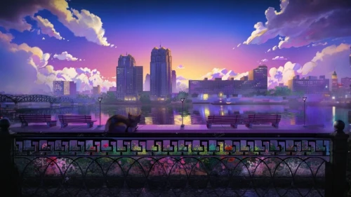 fantasy city,panoramical,dusk background,cartoon video game background,sky city,colorful city,tokyo city,cityscape,metropolis,theatrical scenery,fantasy world,city scape,dream world,floating stage,fireworks art,tokyo,rainbow bridge,synthesizer,stage curtain,dreamland