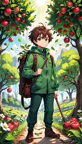 apple orchard,picking apple,apple picking,apple mountain,apple harvest,apple plantation,orchard,apple tree,apple trees,forest clover,orchards,acorns,forager,apple world,apple bags,picking vegetables in early spring,forest man,studio ghibli,hiker,girl picking apples,Anime,Anime,Traditional