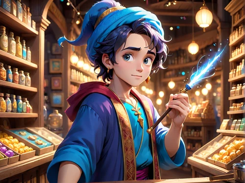 shopkeeper,aladdin,apothecary,merchant,confectioner,aladin,chemist,chocolatier,candlemaker,wizard,aladha,watchmaker,potions,pharmacy,brandy shop,cg artwork,pharmacist,wand,bazaar,potion,Anime,Anime,Cartoon