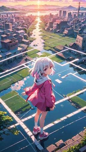 llenn,bright sun,above the city,sakura background,flying girl,dusk background,heavy object,setting sun,blooming field,cityscape,japanese sakura background,on the roof,suburb,芦ﾉ湖,yamada's rice fields,daybreak,sunset,lens flare,playing outdoors,sunlight,Anime,Anime,Realistic