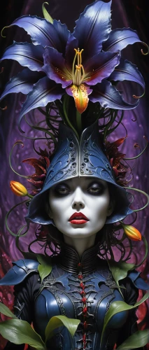 priestess,sorceress,masquerade,deadly nightshade,crow queen,the enchantress,queen of the night,geisha girl,fantasy art,geisha,medusa,passionflower,psychedelic art,voodoo woman,blue enchantress,shamanic,sacred lotus,biomechanical,nightshade plant,dark art