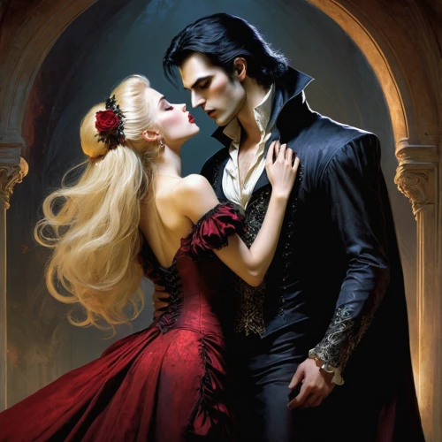 gothic portrait,romance novel,amorous,daemon,ballroom dance,vampire woman,vampire lady,black rose hip,vampires,waltz,gothic fashion,fairytale characters,romantic portrait,fantasy picture,fairy tale,a fairy tale,gothic style,gothic,dance of death,fairy tales,Illustration,Realistic Fantasy,Realistic Fantasy 16