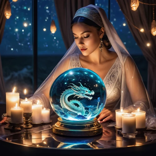 crystal ball-photography,crystal ball,fortune teller,fantasy picture,fortune telling,glass signs of the zodiac,blue enchantress,drawing with light,glass sphere,sorceress,magical,fantasy art,fantasy portrait,blue lamp,mystical portrait of a girl,divination,magic mirror,ball fortune tellers,zodiac sign libra,snowglobes,Conceptual Art,Sci-Fi,Sci-Fi 24
