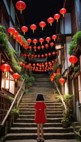 red lantern,lanterns,kyoto,japanese paper lanterns,chinese lanterns,mid-autumn festival,hanging lantern,illuminated lantern,lantern,fairy lanterns,japan's three great night views,japanese lantern,kiyomizu,lantern string,night view of red rose,geisha girl,geisha,photo manipulation,digital compositing,lampion flower,Photography,General,Realistic