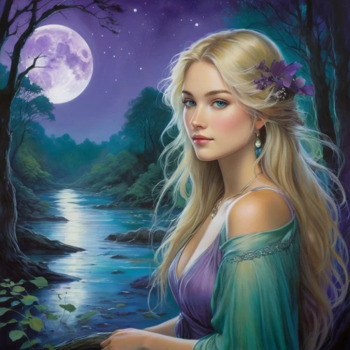 blue moon rose,fantasy picture,faerie,the night of kupala,the blonde in the river,faery,fantasy art,jessamine,fairy tale character,fantasy portrait,celtic woman,fairy queen,moonflower,mystical portrait of a girl,moonbeam,fantasy woman,the enchantress,moonlit night,enchanting,rosa 'the fairy,Illustration,Realistic Fantasy,Realistic Fantasy 16