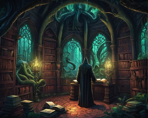 scholar,sci fiction illustration,apothecary,elven forest,witch's house,librarian,fantasy picture,magic book,bookstore,book store,hall of the fallen,fantasy art,jrr tolkien,bookshop,hogwarts,the books,bookshelves,bookworm,magic grimoire,druid grove,Illustration,Realistic Fantasy,Realistic Fantasy 47