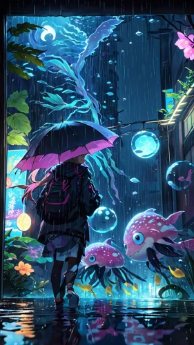 umbrellas,rainy,rainstorm,walking in the rain,blue rain,aquarium,rainy season,rains,rain lily,rain,rainy day,flooded pathway,japanese umbrellas,heavy rain,rain cats and dogs,parasols,in the rain,rainwater,summer umbrella,koi pond,Anime,Anime,Traditional