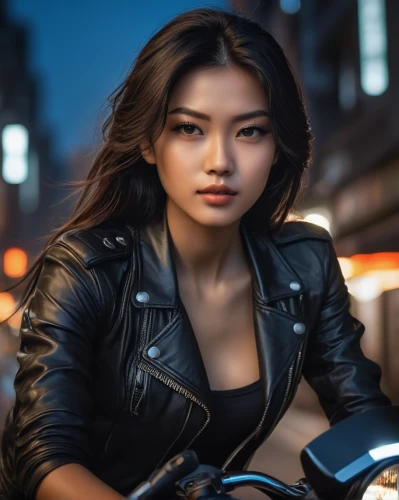 leather jacket,motorcyclist,biker,motorcycle,asian woman,motorbike,motorcycles,bicycle lighting,vietnamese woman,japanese woman,motorcycle racer,black motorcycle,vietnamese,asian girl,motorcycling,asian,portrait photography,motorcycle accessories,woman bicycle,portrait photographers,Photography,General,Fantasy