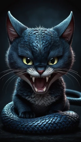 cheshire,chartreux,breed cat,feral cat,kingsnake,yellow eyes,snarling,cat image,red whiskered bulbull,rex cat,feline,wild cat,serpent,gray cat,animal feline,cat,halloween cat,puss,felidae,whiskered,Conceptual Art,Fantasy,Fantasy 34